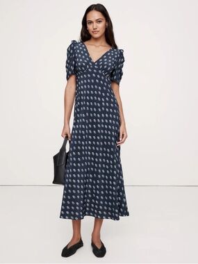 Banana Republic Navy Printed V-Neck Midi Dress with Puff Sleeves
